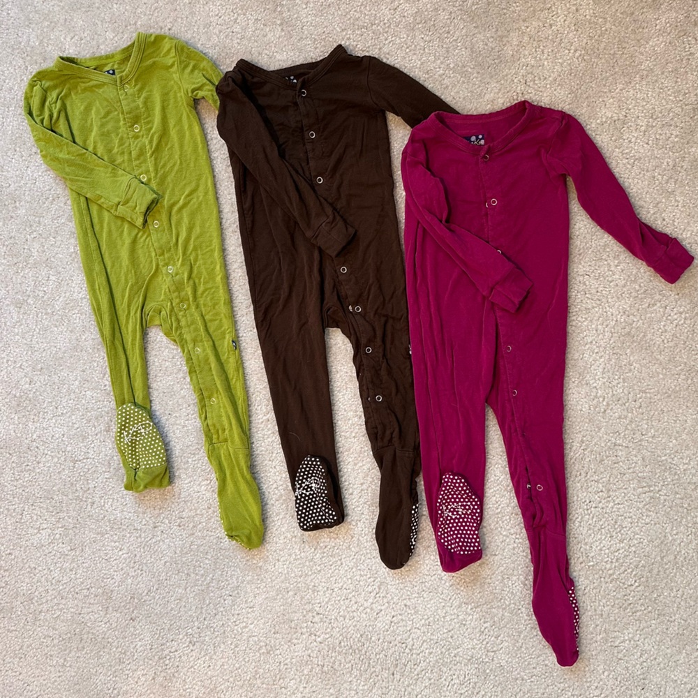 Kickee Pants - Set of Three Button-Up Footies - Green, Brown, Pink. 12-18 months